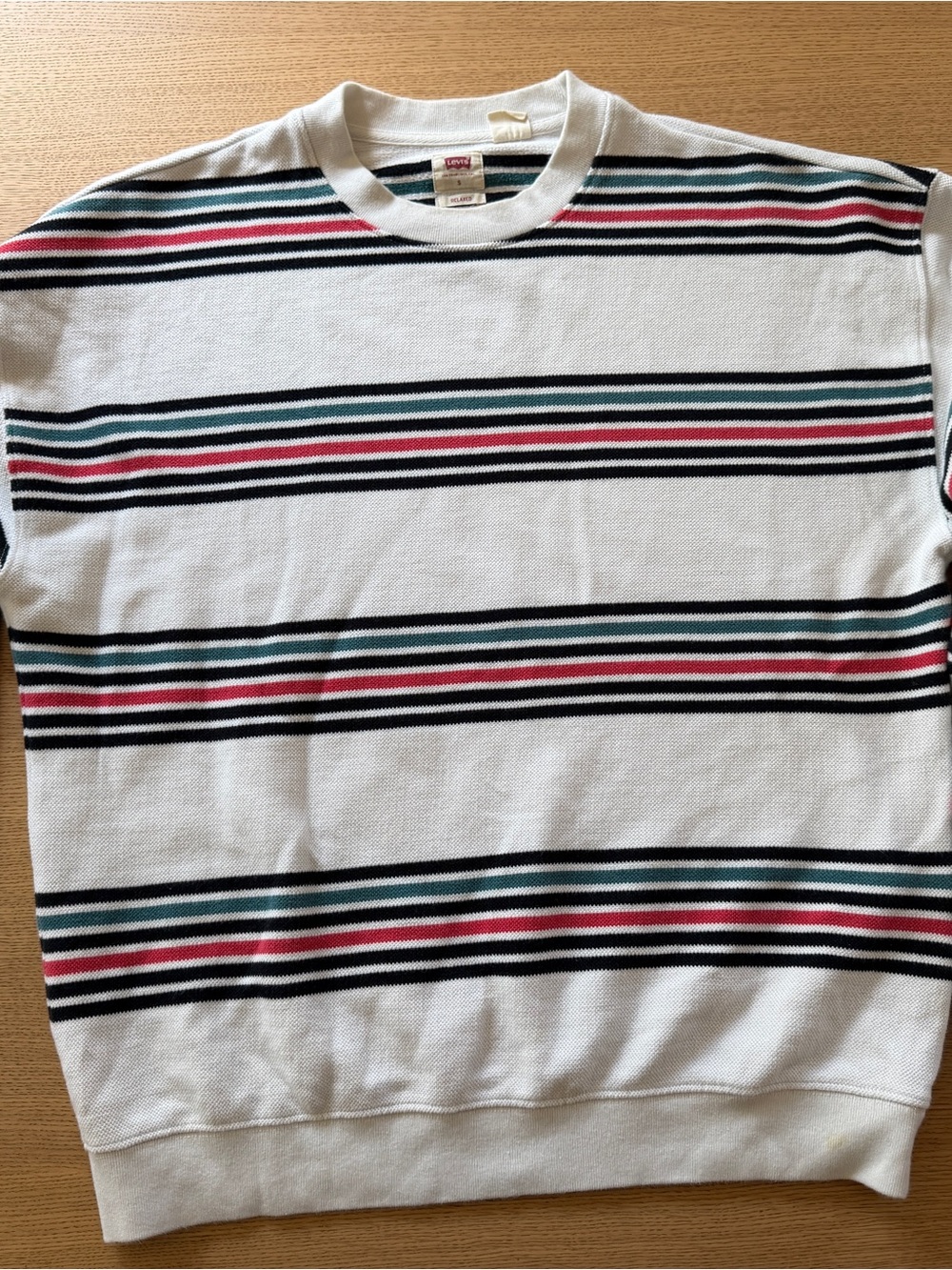 Levi's Cream Crewneck Sweater with Black, Teal, and Red Stripes